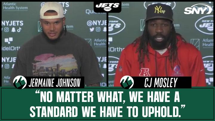 Jets LBs Jermaine Johnson and CJ Mosley assess defense, look forward to new week, and praise QB Aaron Rodgers