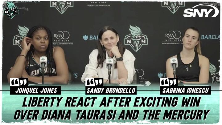 Sabrina Ionescu and Jonquel Jones react after pulling out 81-78 win over Diana Taurasi, Phoenix Mercury