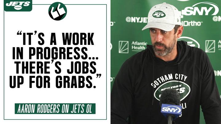 Jets QB Aaron Rodgers talks about offensive line issues, return of Breece Hall, addition of Dalvin Cook