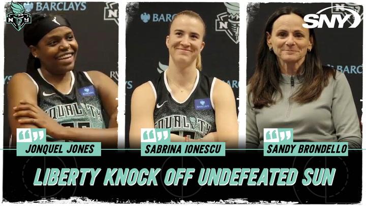 Sandy Brondello, Sabrina Ionescu and Jonquel Jones on the Liberty's win over previously undefeated Sun