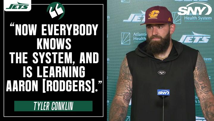 Tyler Conklin on Jets' offense restarting with Aaron Rodgers, his approach to Brock Bowers-to-Jets draft buzz this offseason
