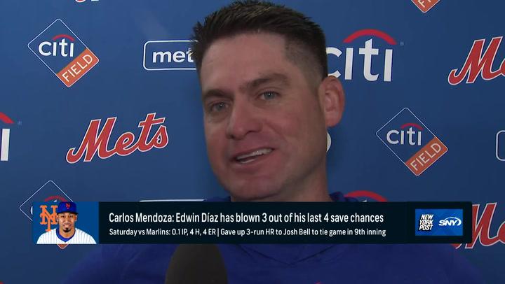 Mets manager Carlos Mendoza talks about Edwin Diaz and has updates on the health of Marte, Nimmo and Martinez